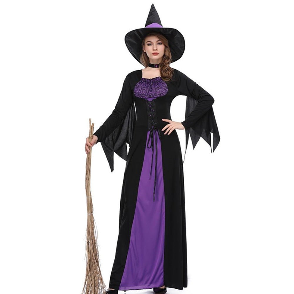 Dames Halloween kostuum met paarse heksenmantel