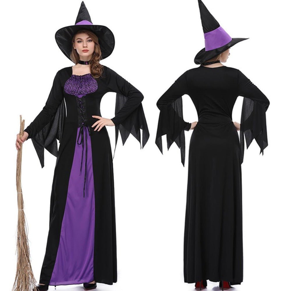 Dames Halloween kostuum met paarse heksenmantel