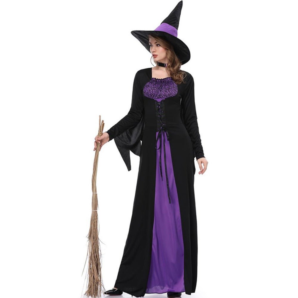 Dames Halloween kostuum met paarse heksenmantel