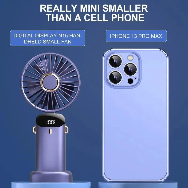 Draagbare USB mini ventilator met 5 snelheden, display, telefoonhouder en nekkoord