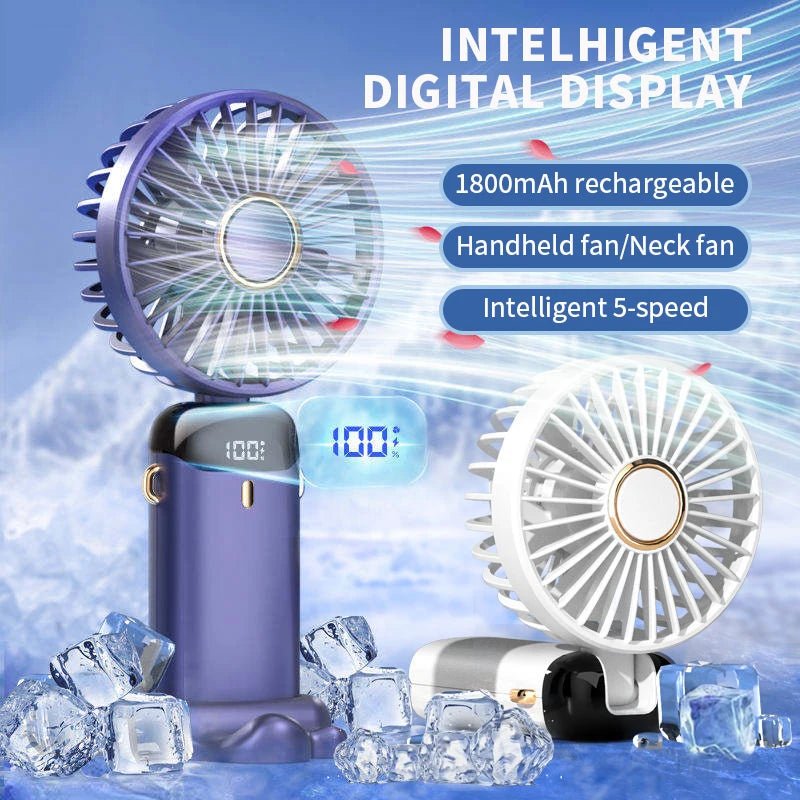 Draagbare USB mini ventilator met 5 snelheden, display, telefoonhouder en nekkoord