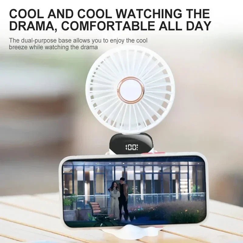 Draagbare USB mini ventilator met 5 snelheden, display, telefoonhouder en nekkoord