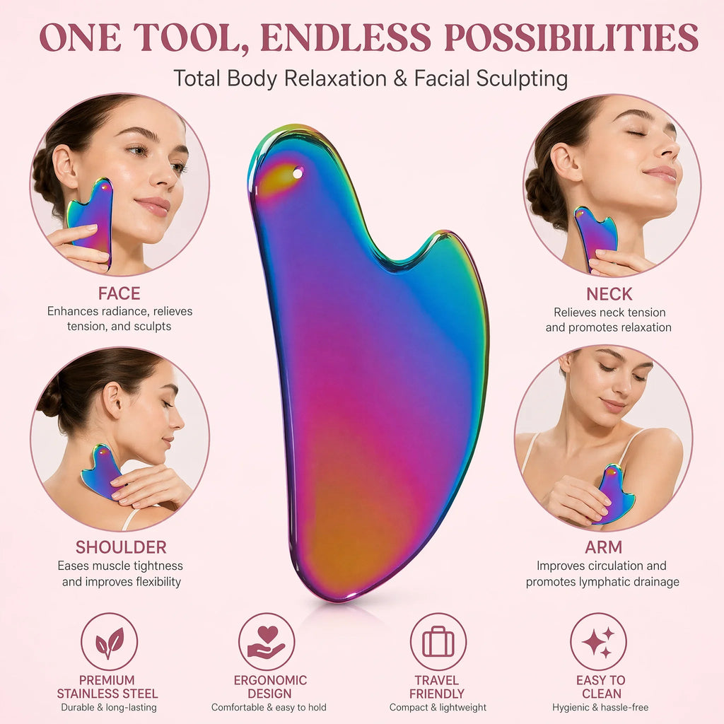 Premium RVS Gua Sha Gezichtsmassage Tool – Zwart, Zilver & Holographic - Spotlights shopping