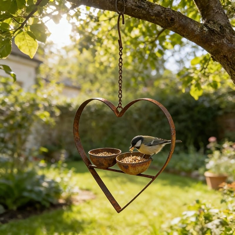 Vintage hartvormige metalen voerbak met dubbele voer- en waterkommen voor tuinvogels in boom of tuin