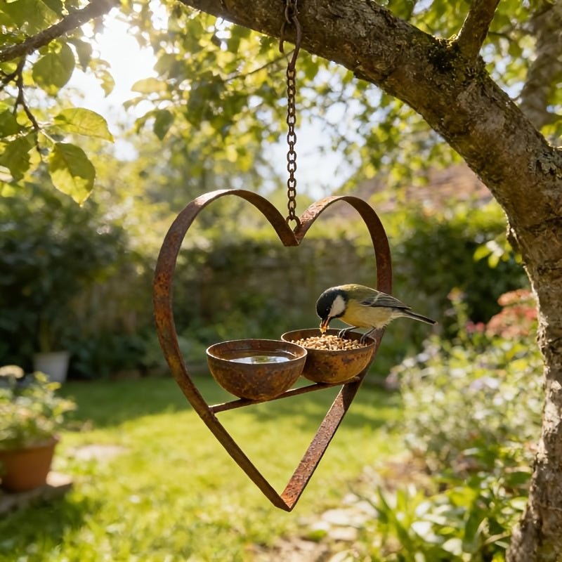 Vintage hartvormige metalen voerbak met dubbele voer- en waterkommen voor tuinvogels in boom of tuin