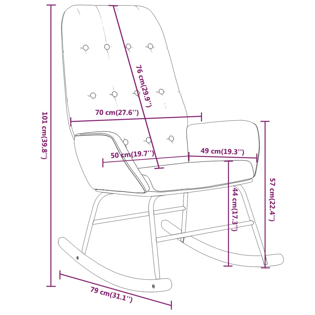 Taupekleurige schommelstoel met zachte stoffen bekleding, houten onderstel en comfortabele armleuningen