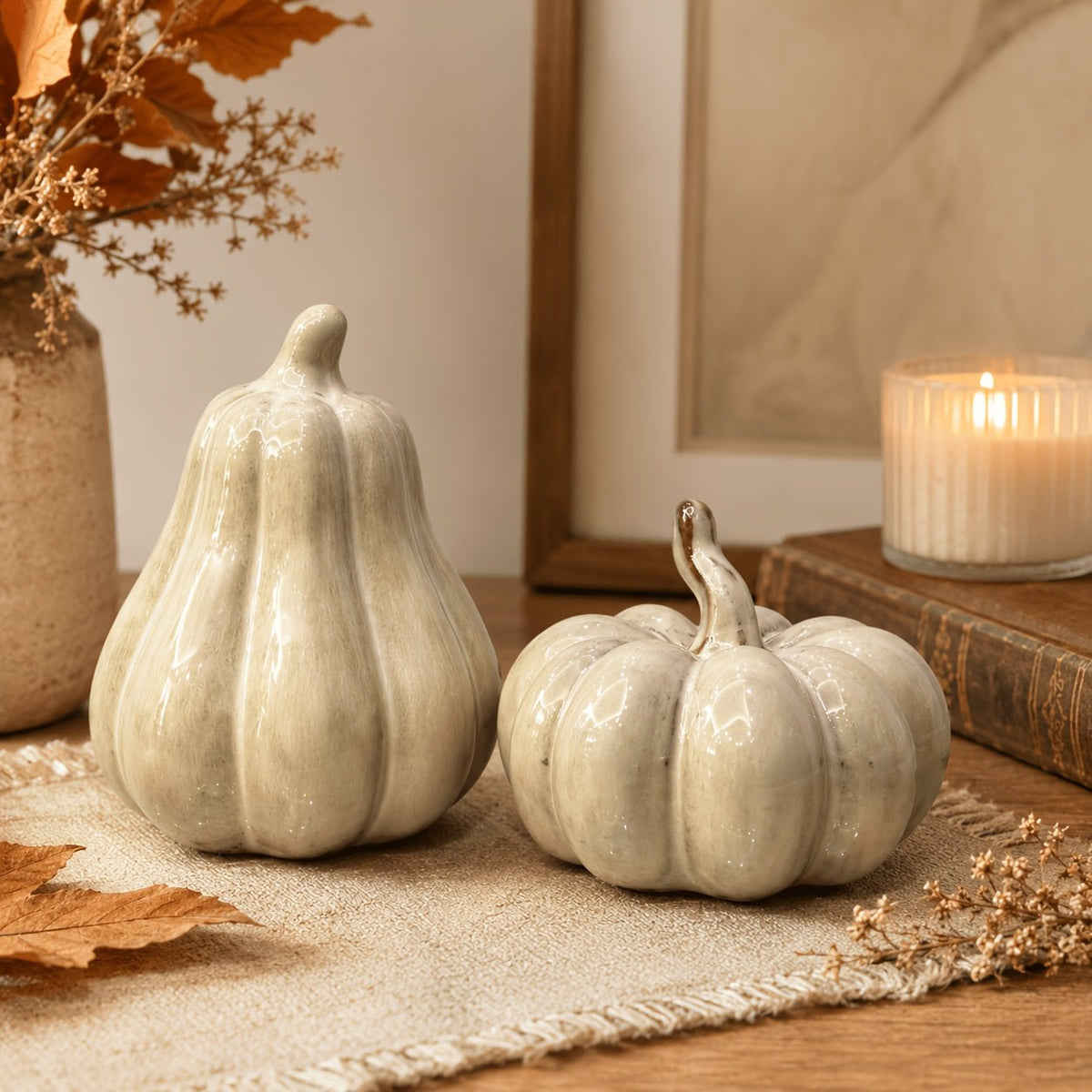 Set van 2 keramische pompoen decoraties voor de herfst