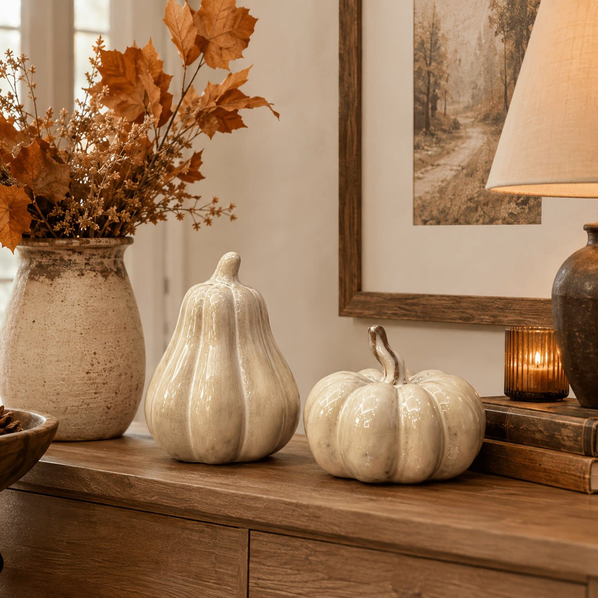Set van 2 keramische pompoen decoraties voor de herfst