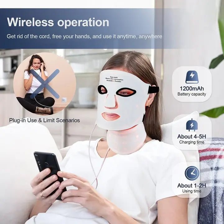 Siliconen LED gezichtsmasker met draadloos LED-nekmasker en 7 kleuren lichttherapie voor huidverzorging