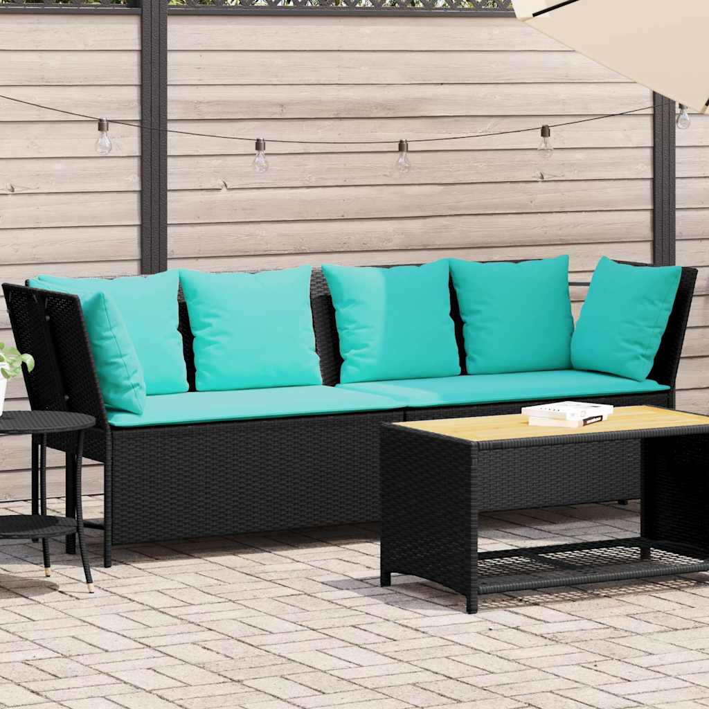 Zwarte modulaire PE-rattan tuinbank met turquoise kussens voor tuin of terras