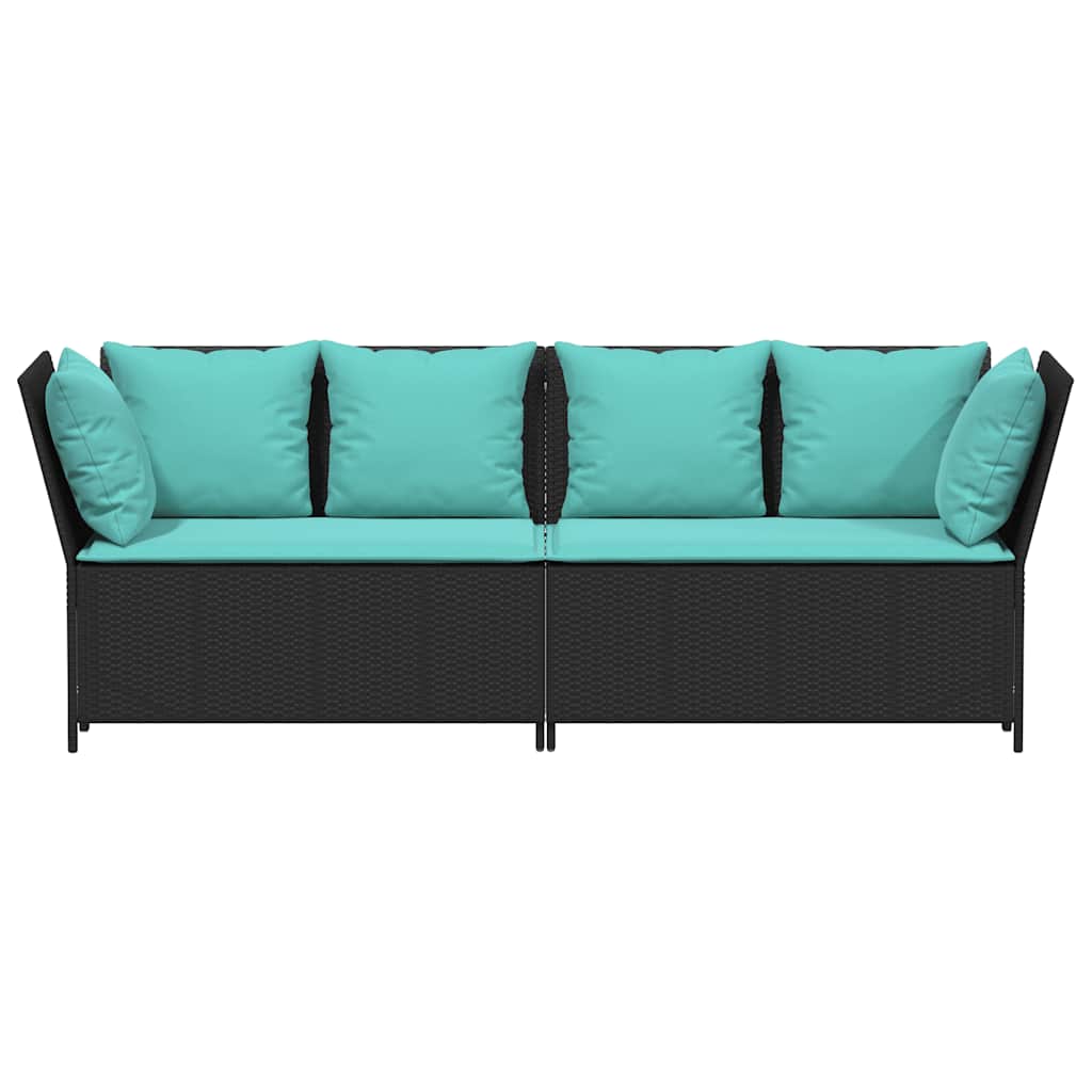 Zwarte modulaire PE-rattan tuinbank met turquoise kussens voor tuin of terras