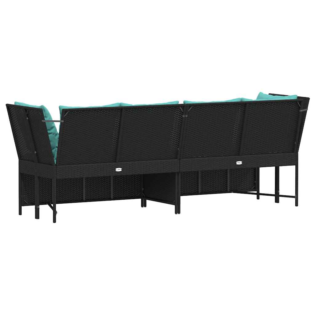 Zwarte modulaire PE-rattan tuinbank met turquoise kussens voor tuin of terras