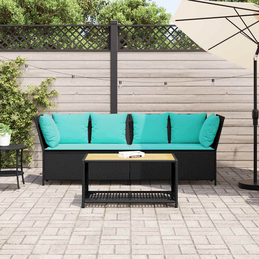 Zwarte modulaire PE-rattan tuinbank met turquoise kussens voor tuin of terras