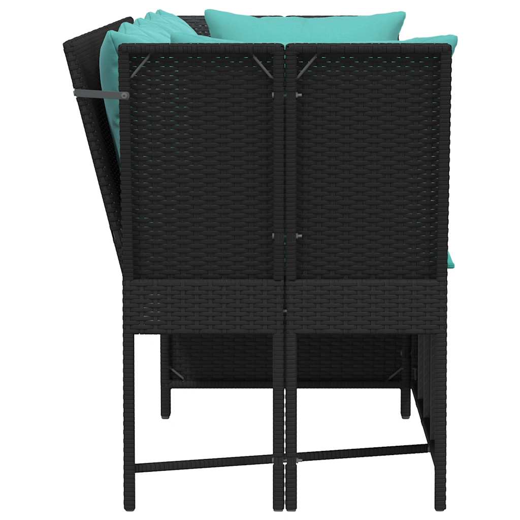 Zwarte modulaire PE-rattan tuinbank met turquoise kussens voor tuin of terras