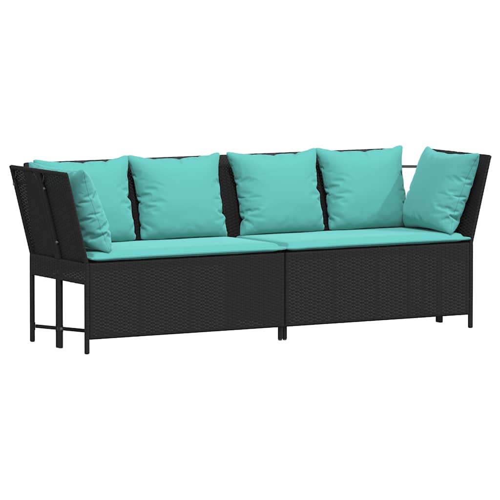 Zwarte modulaire PE-rattan tuinbank met turquoise kussens voor tuin of terras