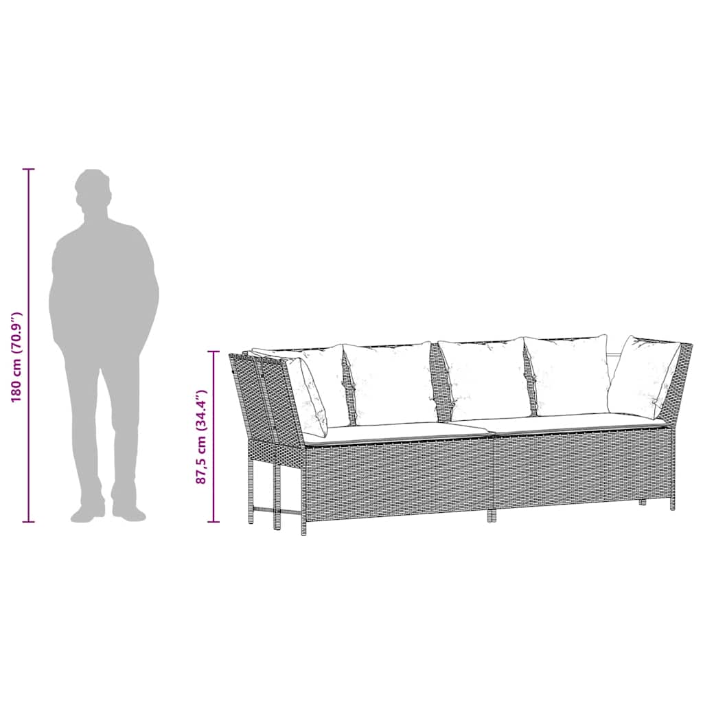 Zwarte modulaire PE-rattan tuinbank met turquoise kussens voor tuin of terras