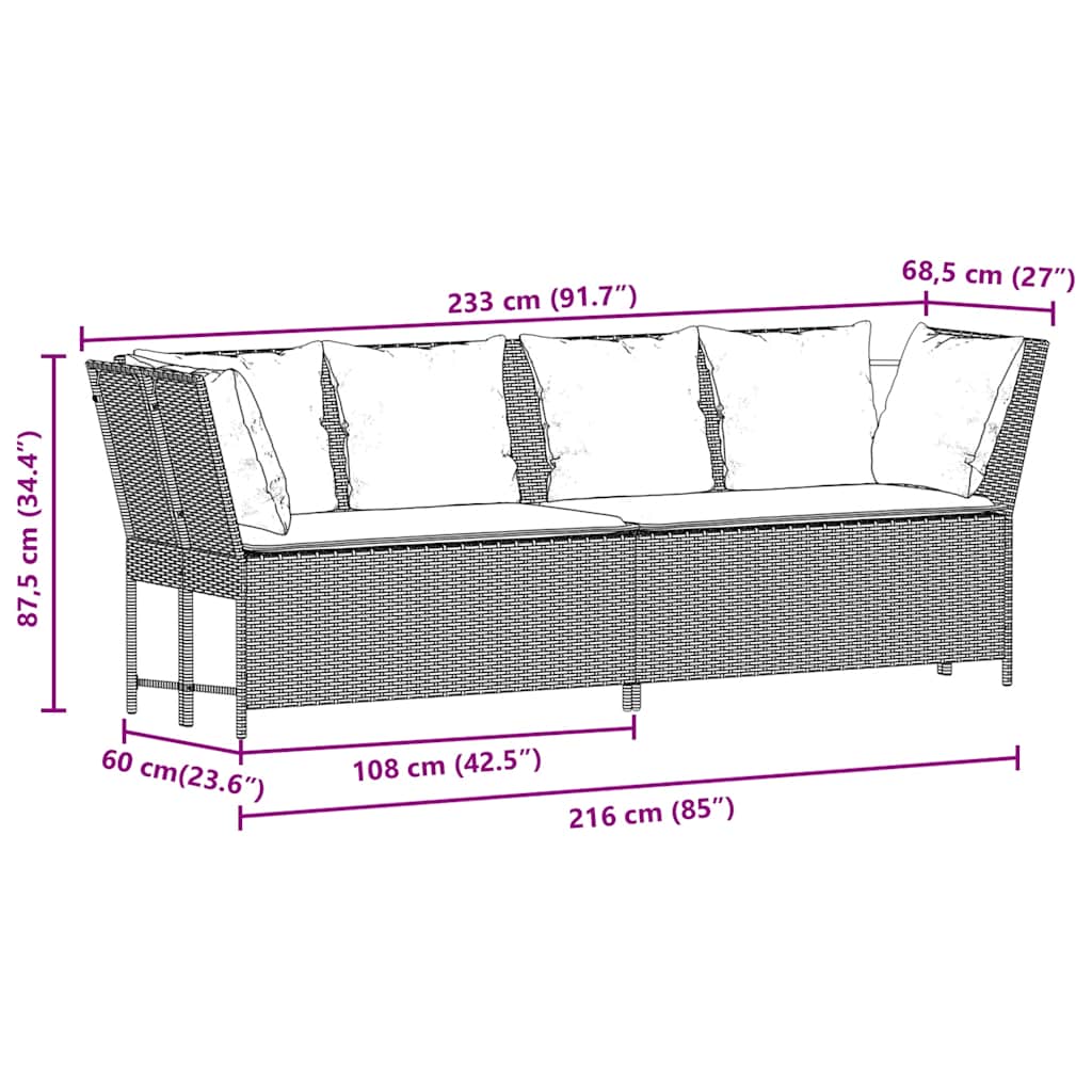 Zwarte modulaire PE-rattan tuinbank met turquoise kussens voor tuin of terras