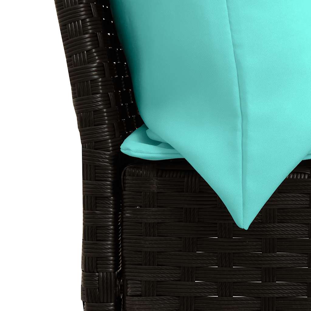 Zwarte modulaire PE-rattan tuinbank met turquoise kussens voor tuin of terras