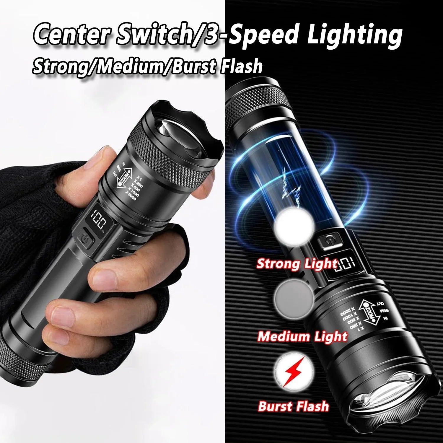 P50 LED zaklamp USB oplaadbaar met zoomfunctie en tactisch ontwerp