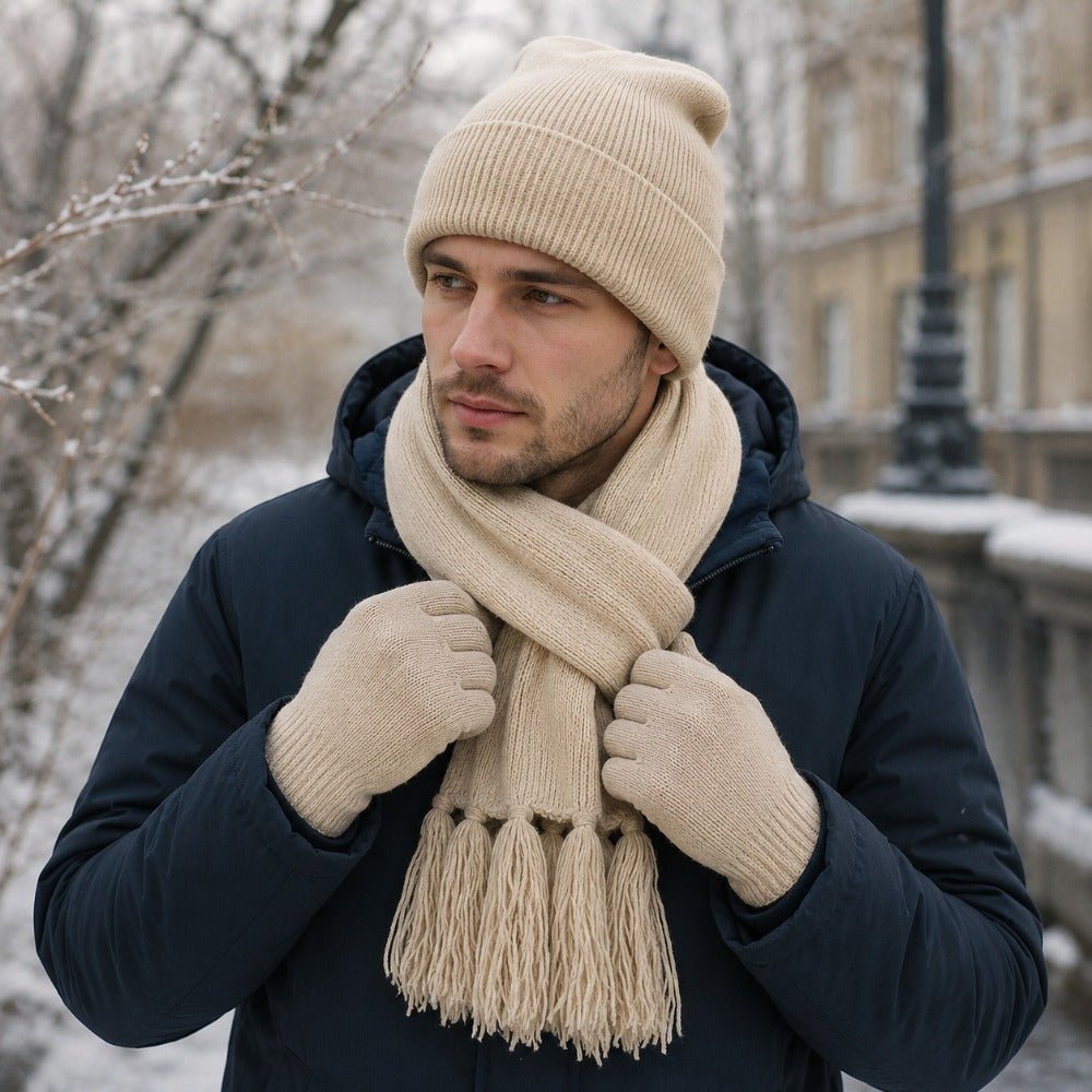 Gebreide wintermuts met kwastje uit een complete winterset
