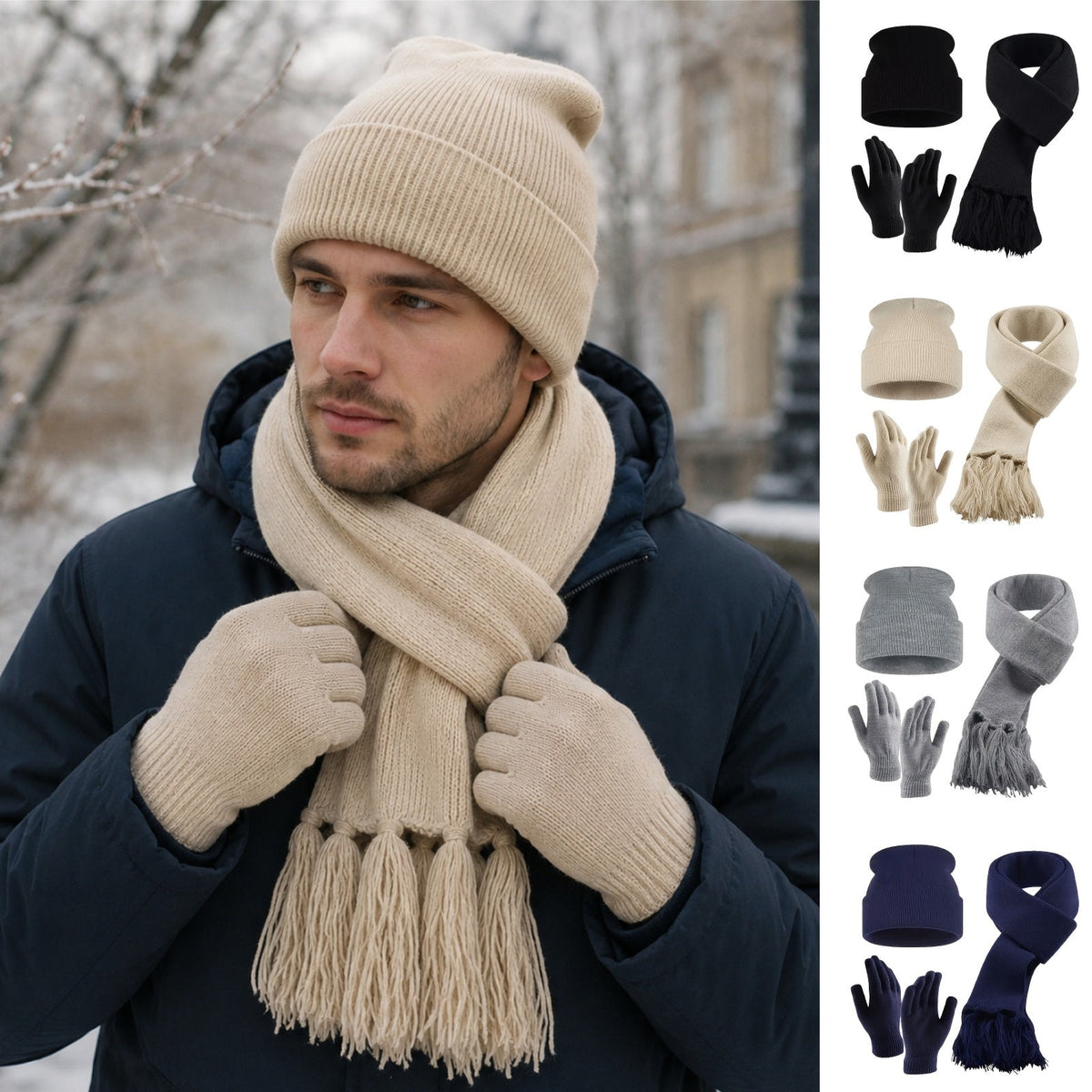 Gebreide wintermuts met kwastje uit een complete winterset