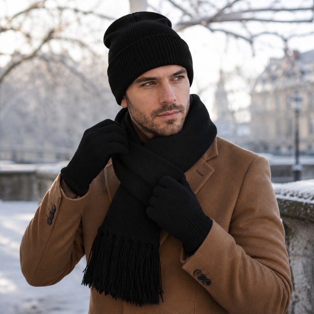 Gebreide wintermuts met kwastje uit een complete winterset