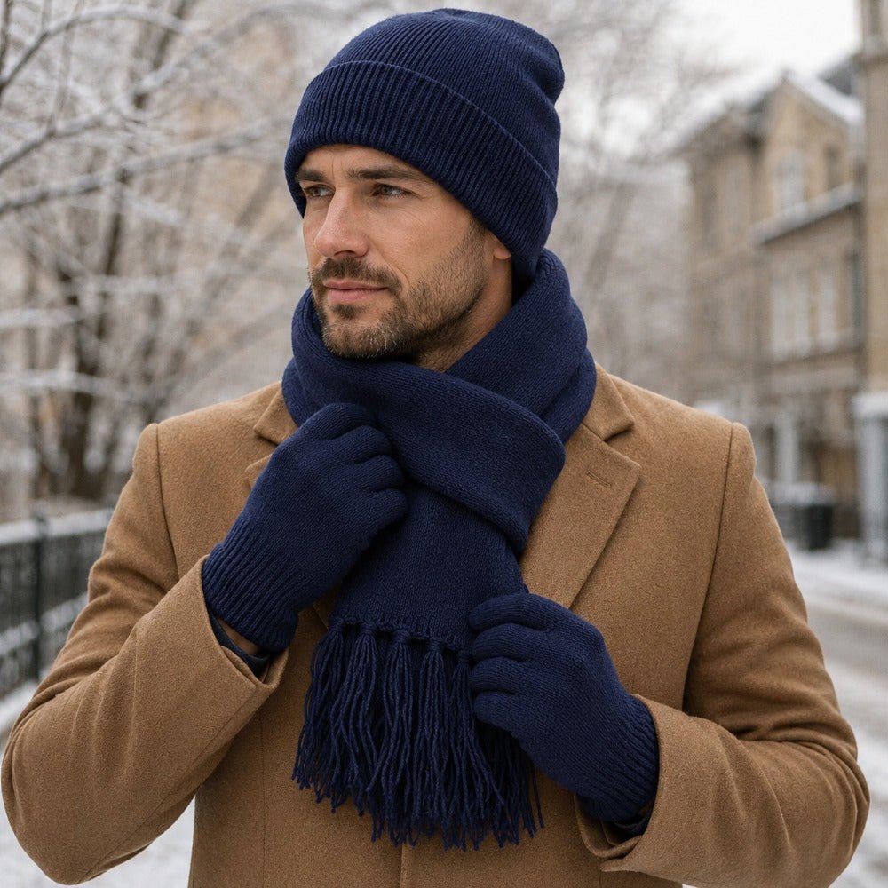 Gebreide wintermuts met kwastje uit een complete winterset