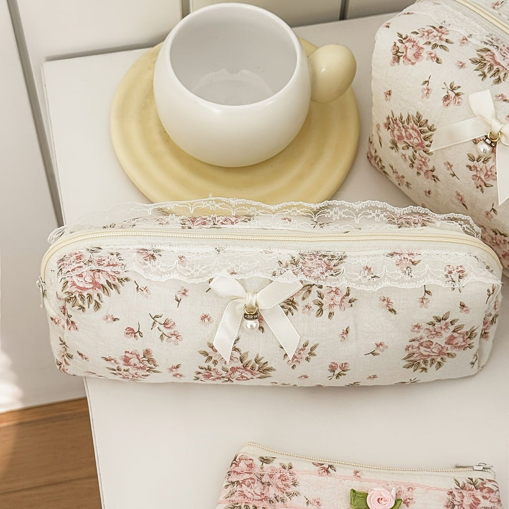 Vintage make-uptas met kanten afwerking en rozenprint - Spotlights shopping
