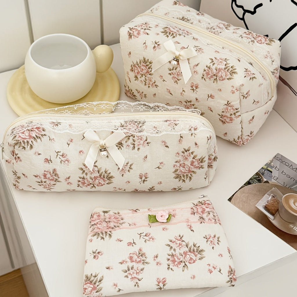 Vintage make-uptas met kanten afwerking en rozenprint - Spotlights shopping