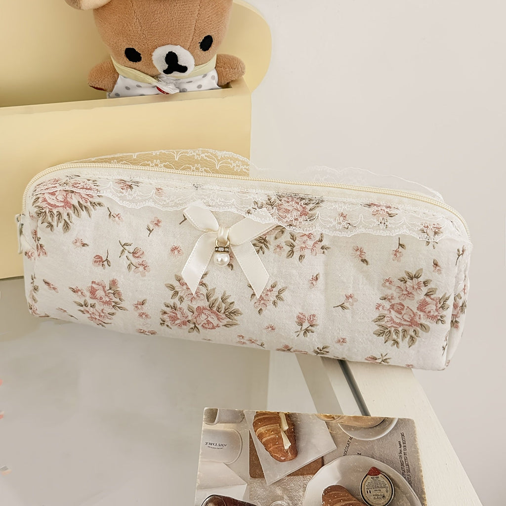 Vintage make-uptas met kanten afwerking en rozenprint - Spotlights shopping