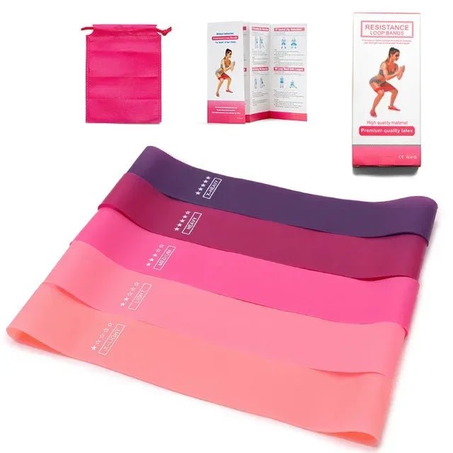 Weerstandsband set met vijf fitness elastieken en opbergzak voor krachttraining en yoga