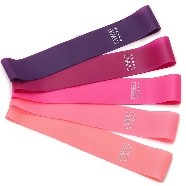 Weerstandsband set met vijf fitness elastieken en opbergzak voor krachttraining en yoga